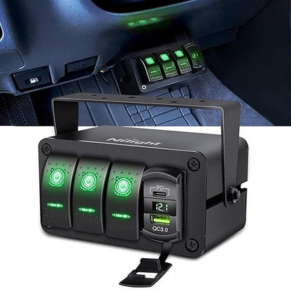 Nilight 3 Gang Rocker Switch Box 12V SPST ON Off Toggle Switches PD Type C and QC USB Charger Voltmeter LED Light Waterproof Aluminum Mount Bracket Panel DIY Stickers for Boat Car RV Truck