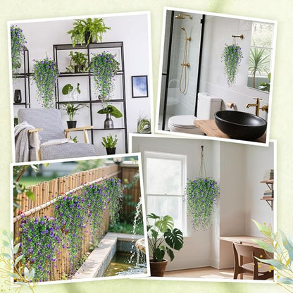Artificial Hanging Flowers, 3 Pcs Fake Hanging Plants Decor, Artificial Vines for Outdoors, UV Resistant No Fade Artificial Fake Hanging for Indoor Decoration Outdoor Porch Courtyard (Purple)