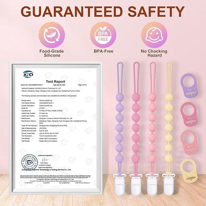 4-Pack Silicone Pacifier Clip with Adapter Ring Fits MAM Dummy, Soft Flexible Binky Holder for Button-Style Maam Dummies, Anti-Loss Paci Clips for Baby Girls, Xmas Gifts Baby Shower Essentials