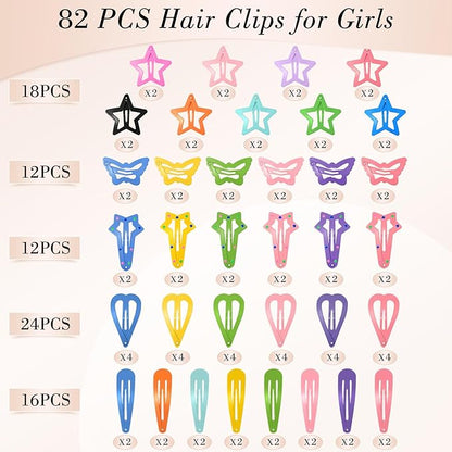obeoby 82 Pcs Colorful Hair Clips for Girls, 5 Shapes Cute Metal Snap Hair Clips Heart Star Butterfly Barrettes for Kids Baby Toddlers Accessories Daughter Birthday Gifts Graduation