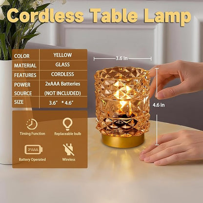 MJ PREMIER Battery Operated Lamp with Timer, Cordless Table Lamps for Shelf Decor, Rhombus Texture Aesthetic Crystal Lamp, Small Decorative Lamps for Bedroom/Bathroom/Kitchen/Entryway/Dorm (Yellow)