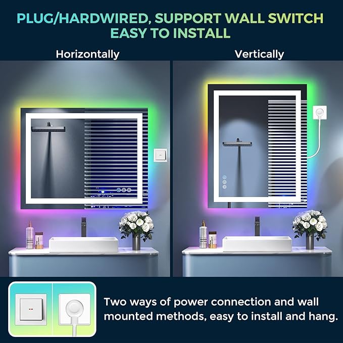 40x32 Inch RGB LED Bathroom Mirror Front Light and RGB Backlit Lighted Vanity Mirror for Bathroom Wall Mounted Dimmable Anti Fog Memory Shatter-Proof IP54 Waterproof Horizontal/Vertical