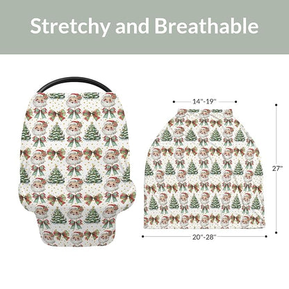 Christmas Santa Trees Car Seats Cover for Babies Santa Claus Red Green Bows Stretchy 5-in-1 Cover Adjustable Car Canopy Cover Winter Holiday Breathable Nursing Cover-Up