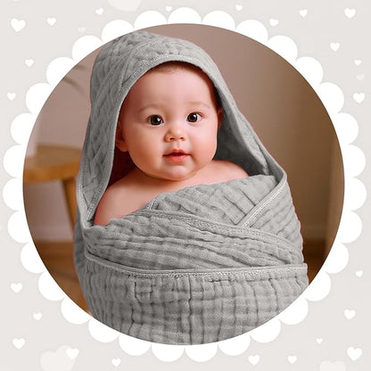 Peryiter 4 Pcs Muslin Hooded Baby Towels, 32"x 32" Cotton Newborn Bath Towel Muslin Infant Baby Blankets Absorbent Unisex Newborn Registry Gift Essentials for Girls Boys (Green,Gray,Beige)