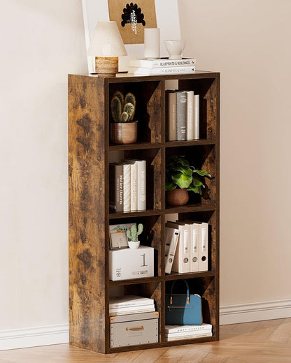 GTPLAYER 8-Cube Storage Organizer, Fits 11" Bins, Vertical or Horizontal Use, Opening Bookshelf, Partial Back Panels, Stackable Design Bookcase, for Living Room, Media Console, Hallway, Rustic Brown