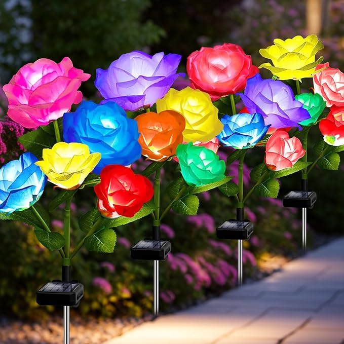 Solar Garden Decor Outdoor Lights, 4 Pack Waterproof Garden Lights for Outside, 16 Solar Rose, Multi-Color Changing Solar Flower Decor for Yard, Patio, Gifts for Women (7-Color Rose)