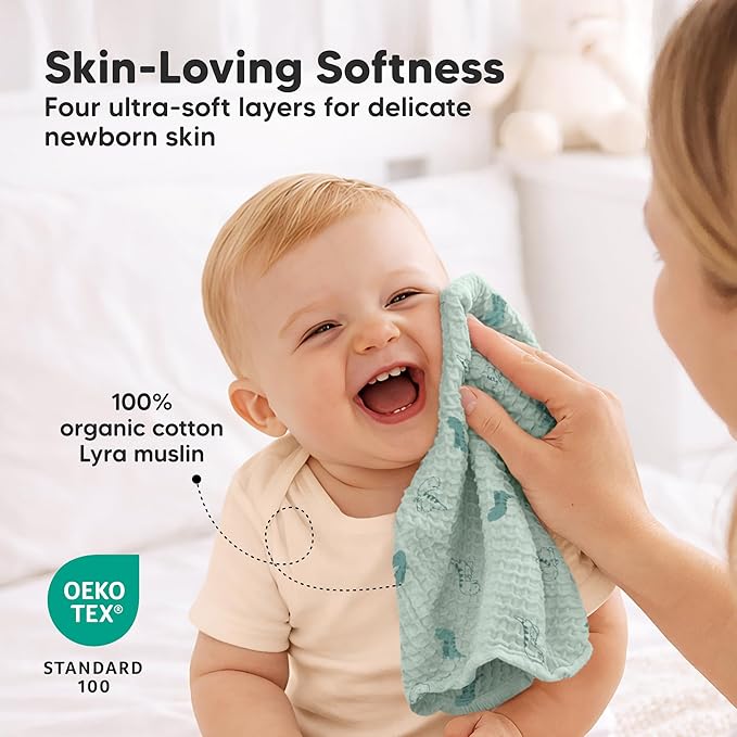 5-Pack Muslin Baby Washcloths for Newborn – 12x12" Soft Absorbent Organic Cotton Muslin Wash Cloths for Babies Girl, Boy, Infant, Toddlers, Kids Face Towel, Bath Essentials, Baby Burp Rags (Dino Park)