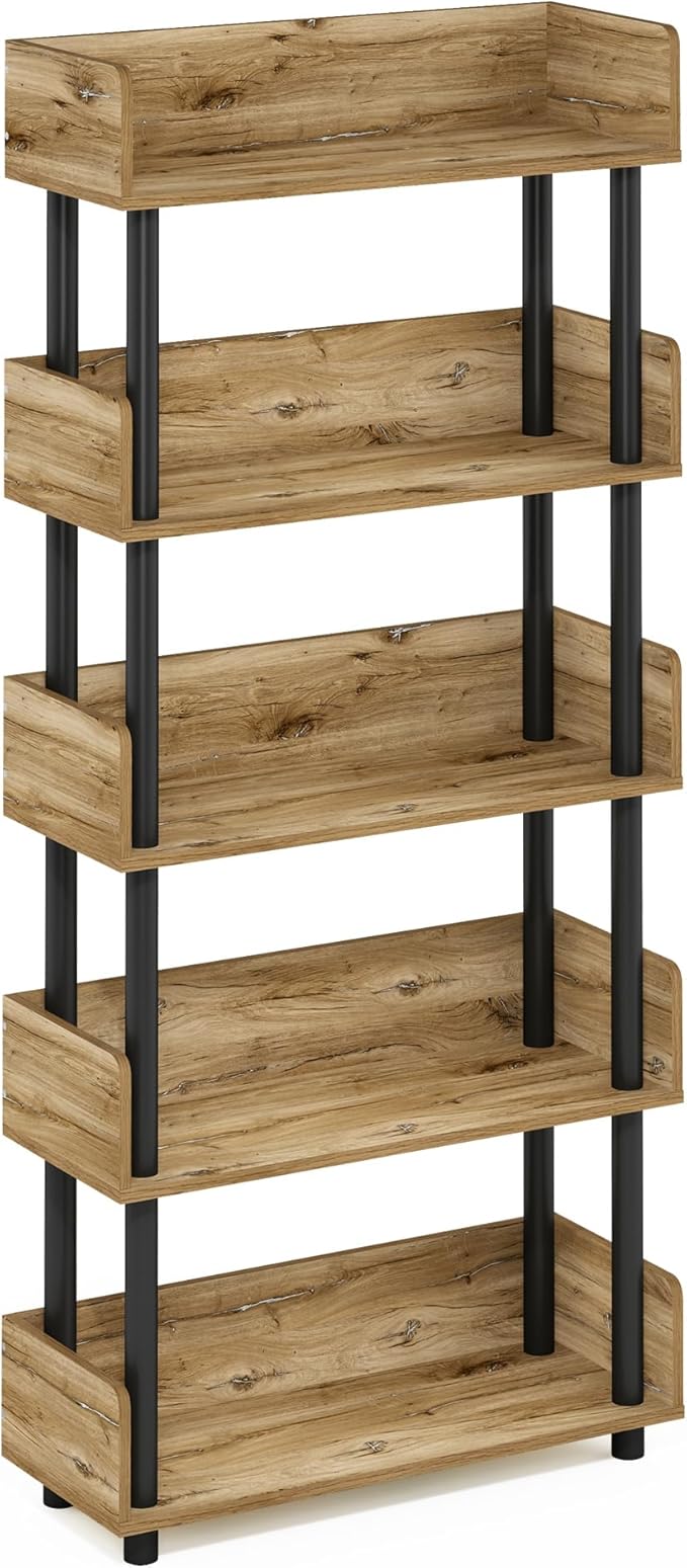 Furinno Turn-N-Tube 5-Tier Multipurposes Display Rack, Open Shelf Rack/Storage with back & side panel, Flagstaff Oak/Black