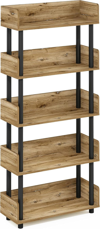 Furinno Turn-N-Tube 5-Tier Multipurposes Display Rack, Open Shelf Rack/Storage with back & side panel, Flagstaff Oak/Black