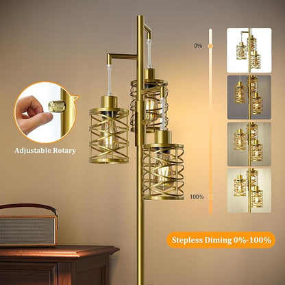 Oneach 70" Industrial Floor Lamp, Stepless Dimmable Standing Lamp with 3 Bulbs, Farmhouse Corner Standing Tree Lamp for Living Room, Tall Lamps for Bedroom, Office, Study Room, Dining Room, Gold