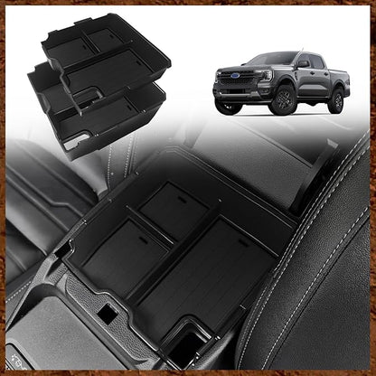 Muslogy Center Console Organizer Compatible with Ford Ranger 2024 2025 2026 & Raptor Accessories Two-Layer Storage Box Insert Tray Secondary Storage Divider Armrest Tray ABS Material Glove Box (Black)