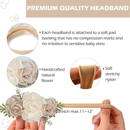 Baby Girl Flower Headbands Set, 3pcs Elastic Nylon Floral Hair Band, Bows Wrap for Infant Newborn Toddler
