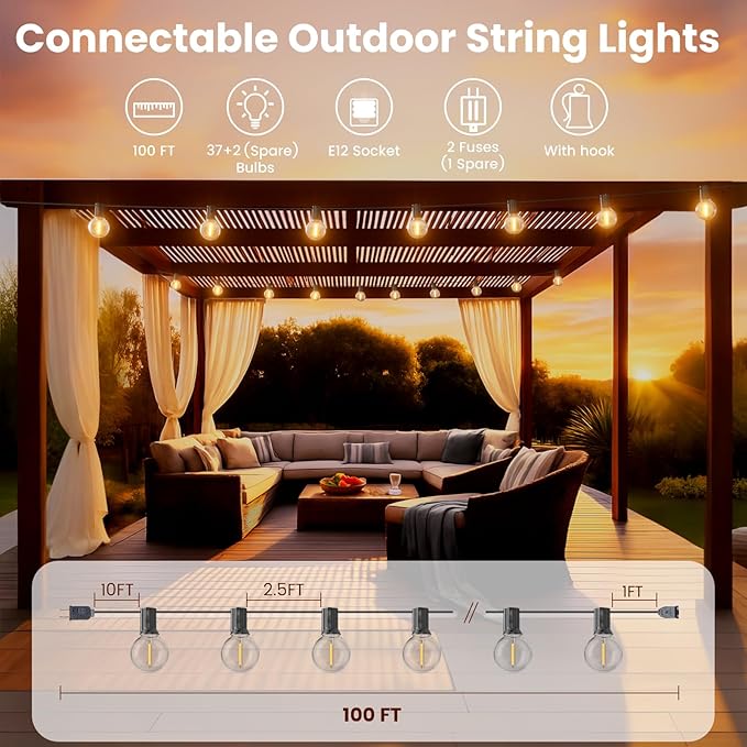 RTTY Outdoor String Lights 100 FT, Patio Light for Outside, Waterproof G40 Shatterproof LED Bulbs, Dimmable Hanging Connectable Globe Lighting for Backyard, Porch, Bistro, Balcony, Party, Warm White