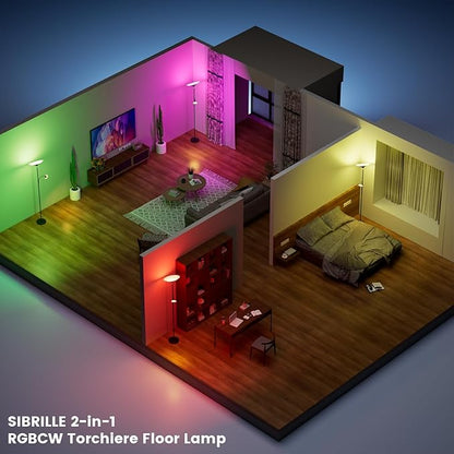SIBRILLE RGB Torchiere Floor Lamp - 2 Way Dimmable LED Standing Lamp with Remote&Button Control, 34W Rotatable Floor Reading Light, 72'' Tall Modern Corner Lamp for Living Room Bedroom Office, Black