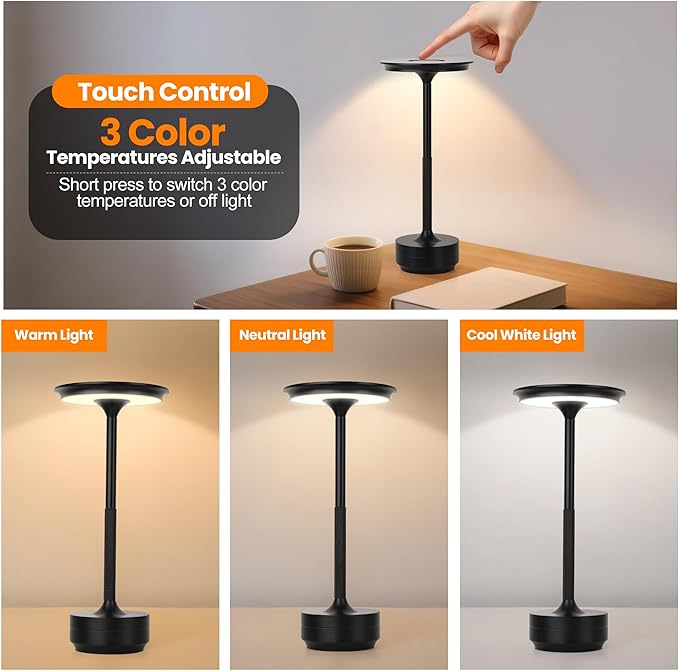 2-Pack Cordless Table Lamp Rechargeable 5000mAh, 3-Color Stepless Dimming Touch Sensor, Portable LED Desk Light for Bedroom, Nightstand, Camping, Patio (2-Pack Black)