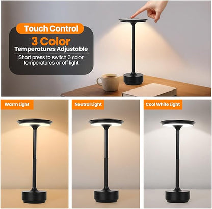 2-Pack Cordless Table Lamp Rechargeable 5000mAh, 3-Color Stepless Dimming Touch Sensor, Portable LED Desk Light for Bedroom, Nightstand, Camping, Patio (2-Pack Black)