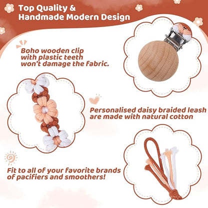 Pacifier Clip for Boys Girls Floral Daisy Macrame Baby Paci Clip Pacifier Holder Leash Boho Wooden Clips Handmade Braided Cotton Binky Clips (1pack:Caramel Style A)