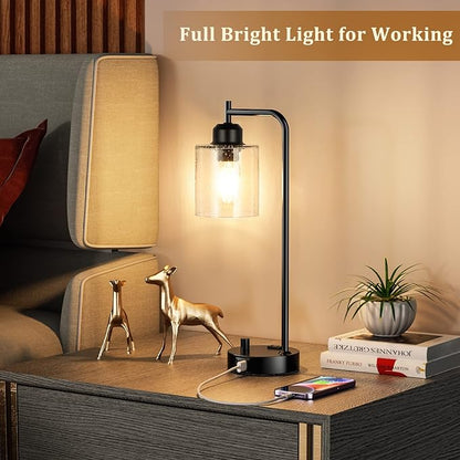 Industrial Bedside Table Lamp for Bedroom - Nightstand Lamps with USB C Charging Port, Fully Dimmable Black Ports and Outlets, Small Desk Glass Shade Office Living Room