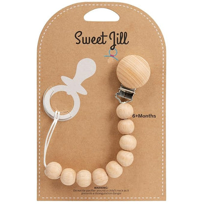 Pacifier Clip Made with Silicone Beads and Secured with Wood Clip. 1 Piece Design. BPA-Free. Chewable. 9" Long. Keeps Pacifiers and teethers securely Fastened. (Brown)