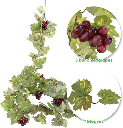Artificial Grape Vine Leaf Garland Plant with 5 Strings Grapes, 6.5ft Artificial Fake Grape Vines Fake Greenery for Wedding Party Home Indoor Outdoors Decoration (2, Summer Leaf Garland)