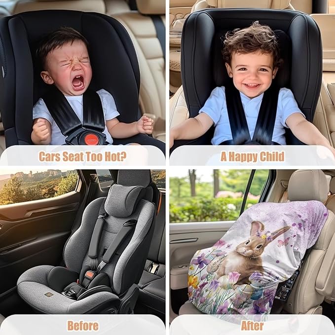 XYZCANDO Rabbit Print Car Seat Sun Cover for Baby Easter Print Summer Carseat Cover Protect from Sun/Hot Days Washable Baby Car Seat Shade Cover for UV Rays Protection Gift for Holiday