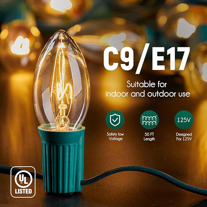 C9 Light Strand 50 FT for E17-12 Spacing, Outdoor String Light Christmas Stringer with 50 Sockets for Patio, Green Wire