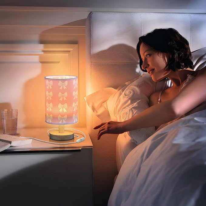 Bedside Table Lamp Cute White Bow Pink Nightstand Lamp with Wood Desk Lamps for Bedroom Living Room Nursery Office Home Decor