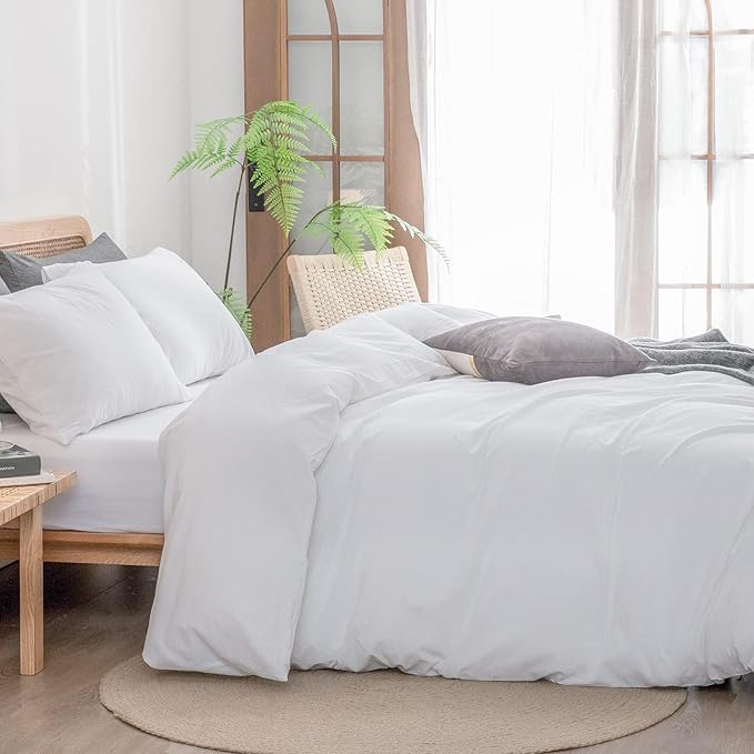 BESTOUCH Duvet Cover Set 100% Washed Cotton Linen Feel Super Soft Comfortable Chic Lightweight 3 PCs Home Bedding Set Solid Bright White Oversized Full