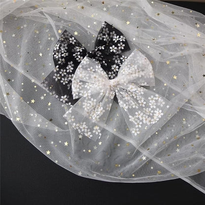 Large Tulle Bow Hair Clips for Baby Girls - Lace Hair Bow Women Cottagecore Lightweight Gauze Hair Barrettes Accessories (Black and White Gold Foil)