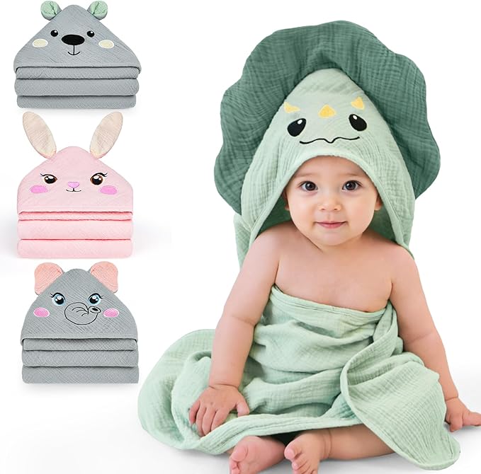 FIOBEE Hooded Baby Towels 100% Muslin Baby Bath Towels for Newborn with Animal Design Ultra-Soft and Absorbent Bath Essentials for Toddler, Unisex Girls Boys 30 x 30 inch, Green Dinosaur