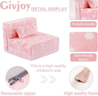 Folding Sofa Bed Floor Mattress for Kids with Pillow, Toddler Glow Washable Folding Floor Nap Mat for Sleeping, Child Fold Up Sofa Futon Chair Bed with Storage Bag for Girls Boys