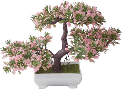 Mini Artificial Bonsai Tree Fake Plants - Artificial Plant Welcome Pine Treewith Plastic Cement Pots for Home Office Décor (Pink)