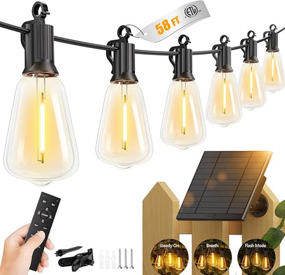 Brightown 58FT Solar String Lights Outdoor Waterproof with Remote, 25+1 LED Shatterproof Bulbs, Dimmable & Timable, 3 Light Modes - Commercial Grade Patio Lights for Garden Backyard Party Decor