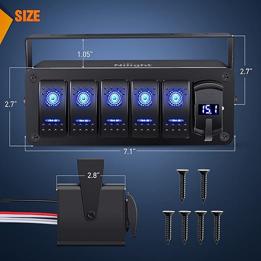 Nilight 5 Gang Rocker Switch Box 12V SPST ON Off Switches PD Type C and QC 3.0 USB Charger Voltmeter Waterproof Aluminum Panel DIY Stickers for Boats Cars RVs Trucks