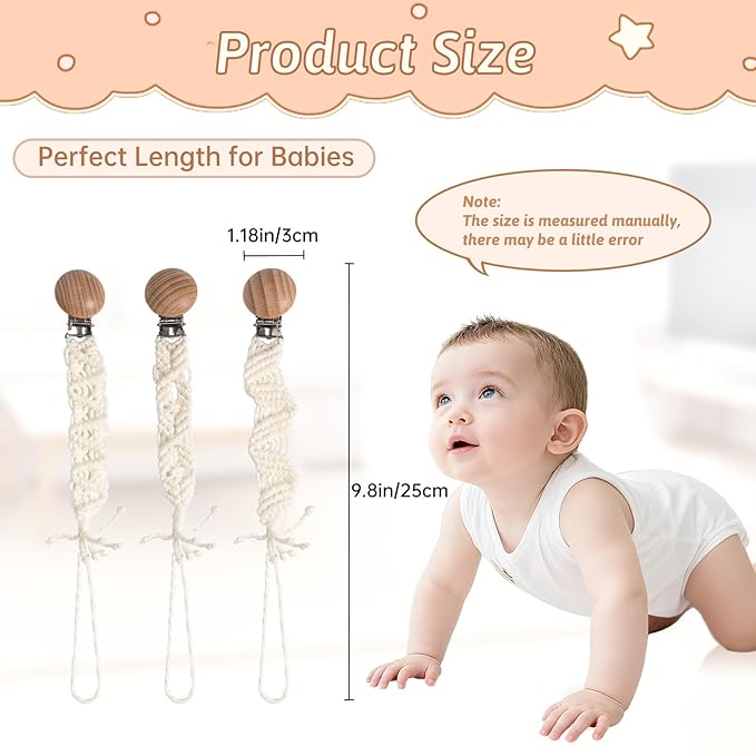 Boho Pacifier Clip for Boys Girls Pacifier Holder Leash Wooden Clips Handmade Braided Cotton Unisex Baby Shower Birthday Gift Christmas Gift (Pattern 6)