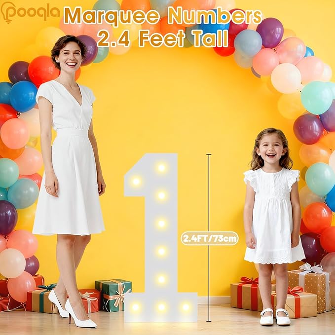Pooqla 2.4FT Light Up Numbers, Marquee Numbers 2.4 Feet Tall Party Decor for Her Him, Mosaic Big Sign for 1st 16th 21st Birthday Anniversary Decoration Backdrop, Large Pre-Cut Frame Number 1