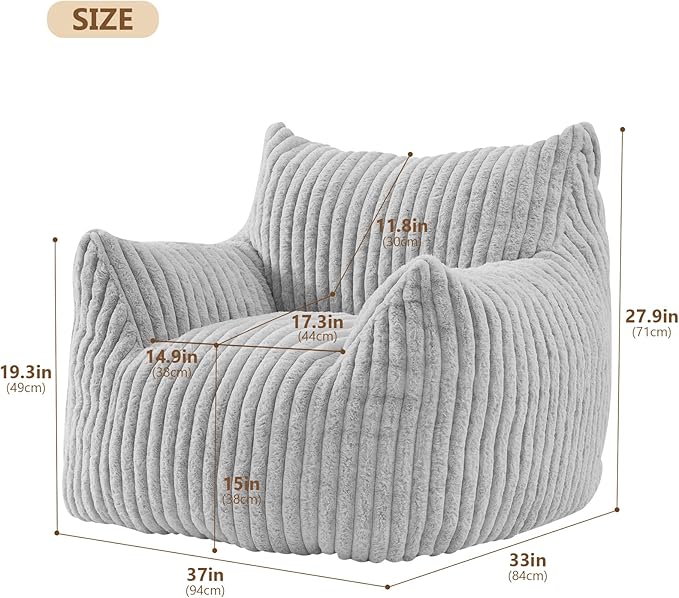Giant Bean Bag Chairs for Adults Teens, Large Bean Bag Sofa Chairs with Filling Comfy Fuzzy BeanBag Chair with Armrests for Bedroom Living Room Reading
