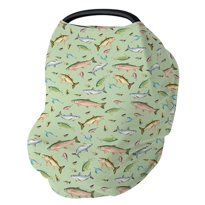 Fishing Baby Car Seat Covers Freshwater Fishes Lures Stretchy 5-in-1 Cover Adjustable Infant Carseat Canopy Cover Lake Outdoors Fishing Lovers Gift Breathable Nursing Cover-Up