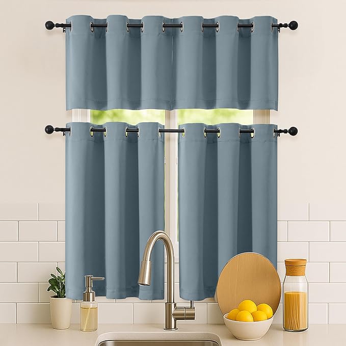 Simplebrand Stone Blue Kitchen Valances for Windows 18 Inches Long 2 Pack, Room Darkening Window Valances for Living Room, Grommet Short Straight Drape Kitchen Curtains for Bedroom Kids Room, 40Wx18L