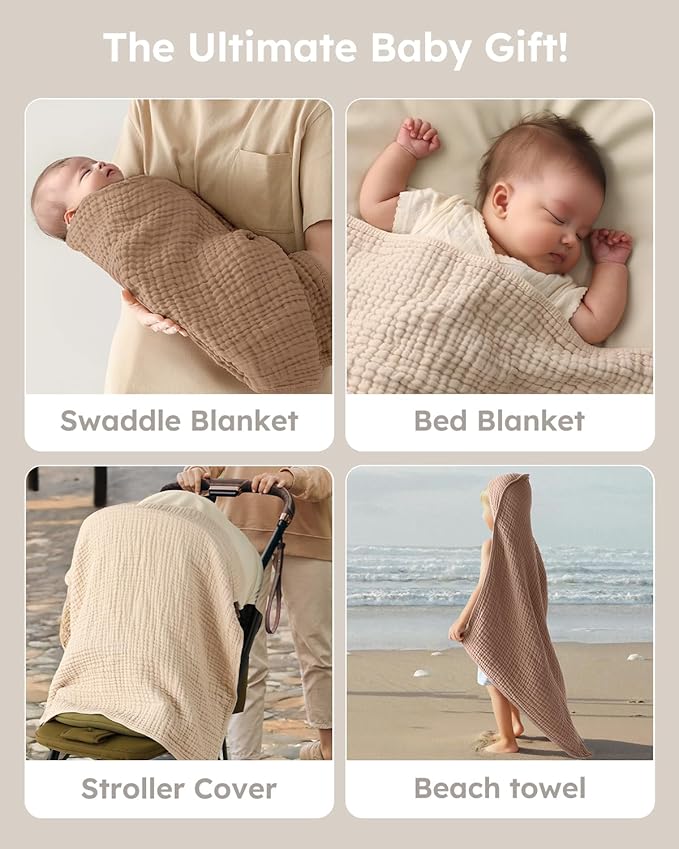 Yoofoss Hooded Baby Towels for Newborn 2 Pack 100% Muslin Organic Cotton Baby Bath Towel with Hood for Babies, Infant, Toddler and Kids, 37.5"x37.5", Soft and Absorbent Newborn Essential, Beige&Coffee