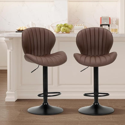 COLAMY Bar Stools Set of 2, Modern Swivel Bar Chairs, Adjustable Faux Leather Upholstered Barstools Counter Height with High Backrest for Bar, Kitchen Island, Dining Room, Brown