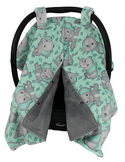 Dear Baby Gear Car Seat Cover for Boys & Girls - Baby Carseat Canopy w/Snap Opening - Infant Seat Cover - Nursing Covers - Newborn Carrier Canopy - 40x30 (Gray Elephants on Mint Foliage - Gray)
