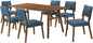 Armen Living Channell Mid Century Modern 7 Piece Walnut Wood Dining Table Set with Blue Fabric