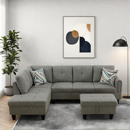 Modern Living Room Furniture Sets with Pillows, Modular Sectional Couches with Chaise Lounge, 4-Seaters L Shape Sofa with Storage Ottoman, for Living Room, Grey