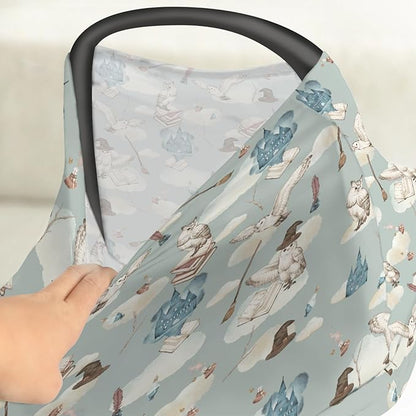 Vintage Wizard Owls Car Seat Cover for Babies Watercolor Witch Hat Books Castle Clouds Stretchy 5-in-1 Cover Adjustable Infant Carseat Canopy Cover Magics Wizard Universe Breathable Nursing Cover-Up