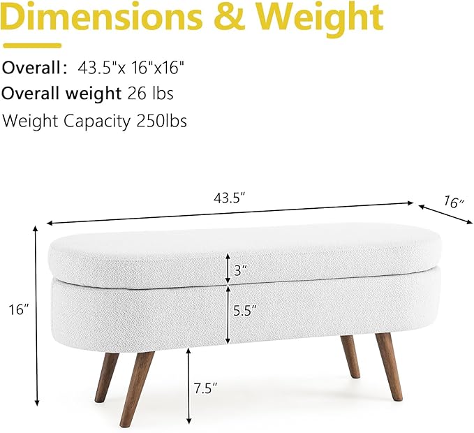 NicBex Ottoman Bench with Storage for Bedroom, 43.5" Upholstered End of Bed Bench with Rubber Wood Legs, Linen Storage Bench for Living Room or Entryway,