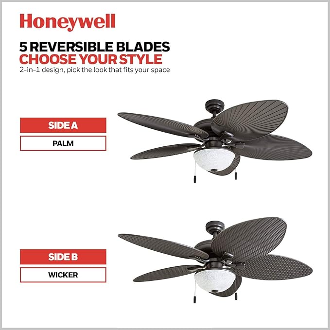 Honeywell Ceiling Fans Inland Breeze, 52 Inch Tropical Indoor Outdoor Ceiling Fan with Light, Pull Chain, Three Mount Options, Weather Resistant Blades - 50510-01 (Bronze)