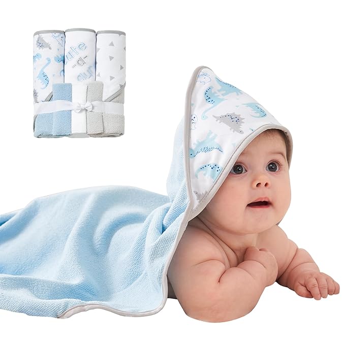 Viviland Baby Towels and Baby Wash Cloths Set Hooded Baby Towels Baby Wipes Absorbent Bath Face Towels Burp Cloths or Face Towels for Girl Boy 6-Pack Size 28 x 28 Inch(Dinosaur)