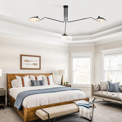 85" Mid-Century Chandelier, Matt Black Finish with Adjustable 3-Arms Large Pendant Lighting Fixture for Dining Room Living Room Kitchen Island Bedroom 3-Light