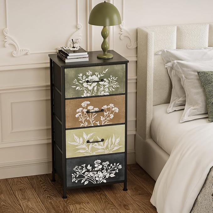 Tohomeor Vintage Dresser Vertical Nightstand with Neutral Botanical Plant Fabric Chest Drawers for Closet Bathroom Storage Tower Unit Bed Side Organizer Farmhouse Rustic (Multi, 4 Drawers)
